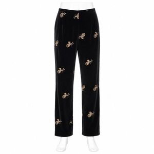 Jenni Max Velvet Pants Womens 6 Black Gold‎ Paisley Embroidered Side Zip Tapered